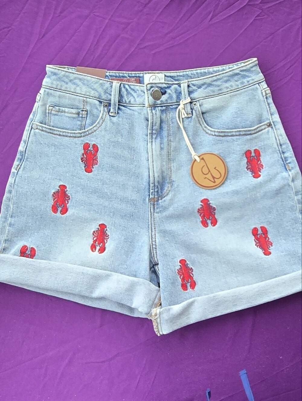 DRIFTWOOD Light Blue Denim Shorts with Red Lobster Embroidery - Picture 2 of 9